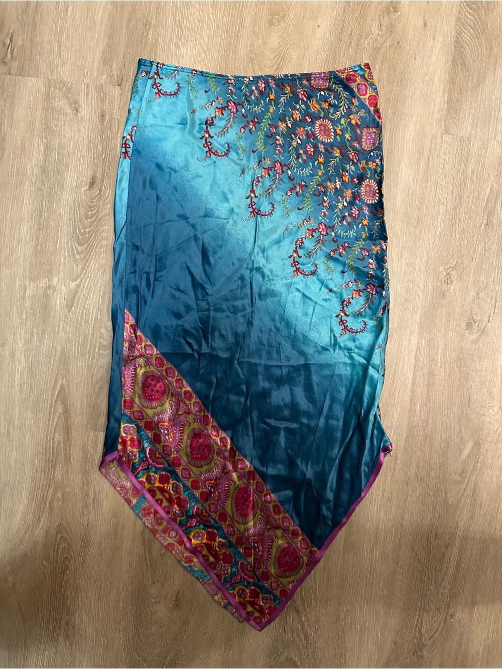 Vintage Sharagano Teal Silky Skirt with Pink Paisley Border